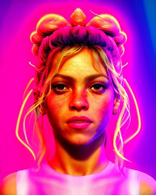 portrait, Shakira, blonde artist, Realistic image, drinking a strawberry milkshake, pink line make-up, sweat, fog, goddess style, Neon colors, leds. Color background, photo studio, concept art, smooth, unreal engine 5, god lights, ray tracing, RTX, lumen lighting, ultra detail, volumetric lighting, 3d, finely drawn, high definition, 4k.