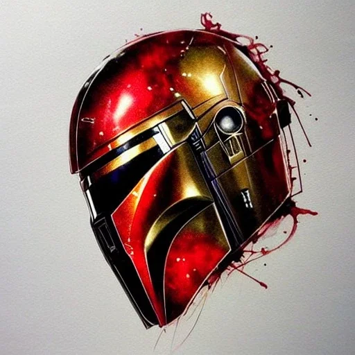 photorealistic the mandalorian helmet, illustration by <agnes cecile> <Yoji Shinkawa>, ornate and intricate details , soft smooth lighting, blood red and gold colormix, concept art