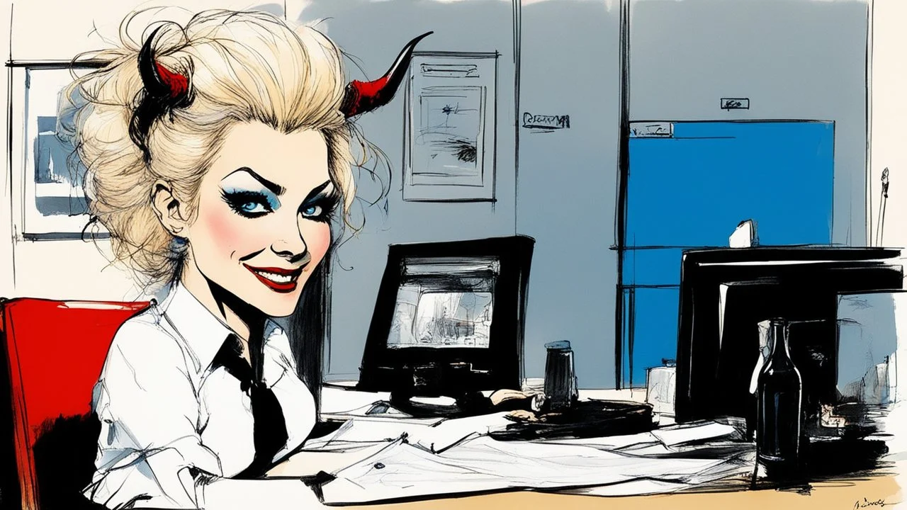 [in her dark office with a pervert smile, by Ralph Steadman] Name: Nancy Occupation: Mid-level Contract Demon at Infernal Affairs Inc. Features: Hair: blonde with a sauerkraut hairdo Skin: light Eyes: blue Build: athletic and curvy Extra Details: small horns