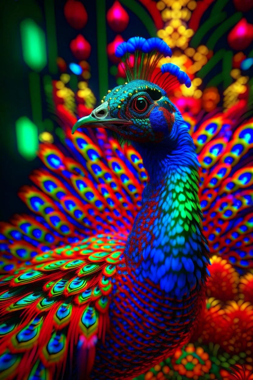 the 4d psychedelic neon interference patterned peacock that could trigger epilepsy, rockstar portrait, photo-realistic, shot on Hasselblad h6d-400c, zeiss prime lens, bokeh like f/0.8, tilt-shift lens 8k, high detail, smooth render, down-light, unreal engine 5, cinema 4d, HDR, dust effect,, smoke