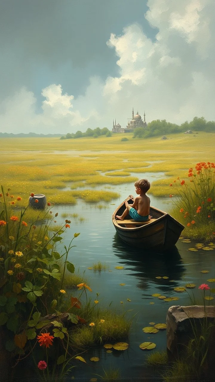 A small boy riding on a boat in water a forgotten battlefield overrun by vegetation, cutesy tiktok detailed oil painting, grainy, old style