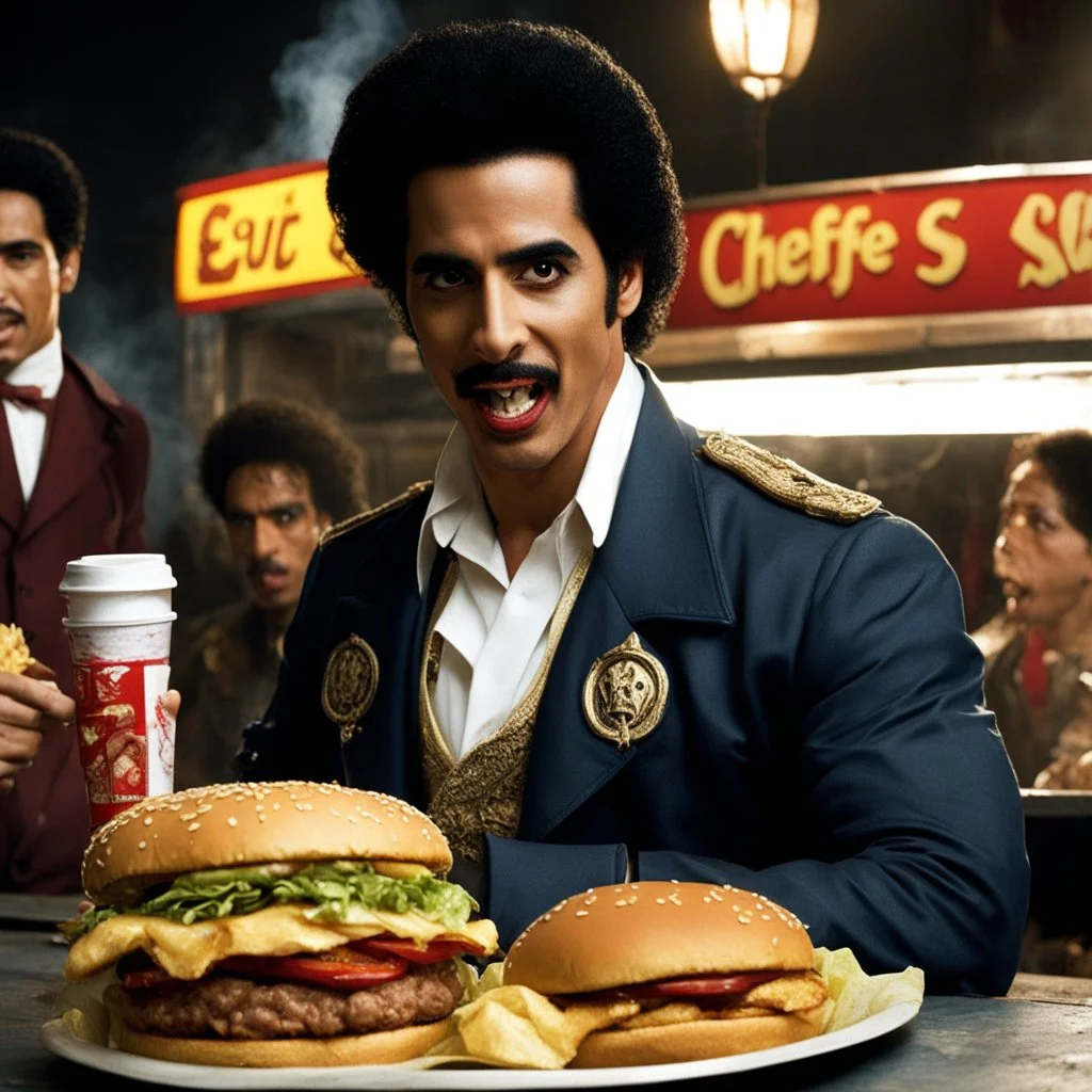 [photo from from Evil dead] Ray Santiago as Pablo Simon Bolivar aka El Cheffe, serving Deadites hamburgers in a fast food, the demonic food