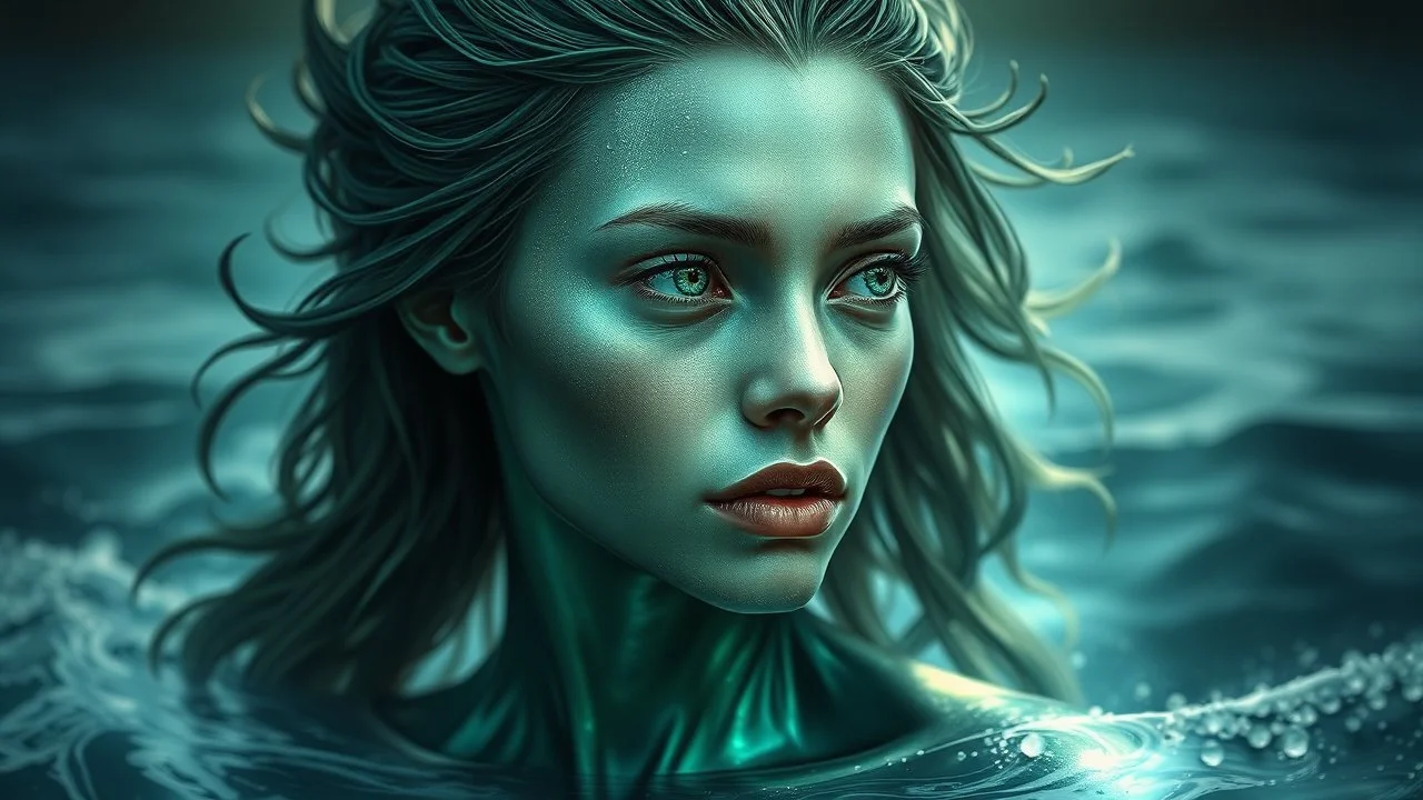 In this captivating digital artwork, an ethereal figure emerges, embodying the essence of the ocean. Her skin shimmers with a metallic emerald hue, reflecting the deep mysteries of the sea. Her hair, sharp and flowing like seaweed caught in a current, adds to her otherworldly appearance. Eyes glowing with an inner light, she gazes out over the water with a serene yet powerful expression, as if she is the guardian of all that lies beneath the waves. This portrait captures the beauty and mystique