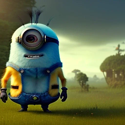 pixar style, volumetric summer apocalyptic environment and background, realistic painting of a mutant Minion, smiling, detailed digital painting, extreme dense and fine fur, anime, ornate, colour-washed colors, elegant, small minutiae, tiny features, particulars, centered, smooth, sharp focus, renderman gofur render, 8k, uhd, detailed eyes, realistic shaded volumetric lighting, sunlight caustics, backlight, centered camera view