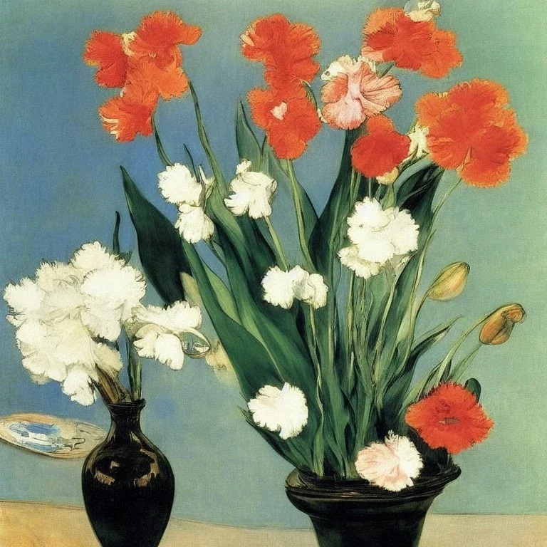 five tulips, three orchids, two carnations in a Delft faience vase split-complementary colors impressionism Edouard Manet