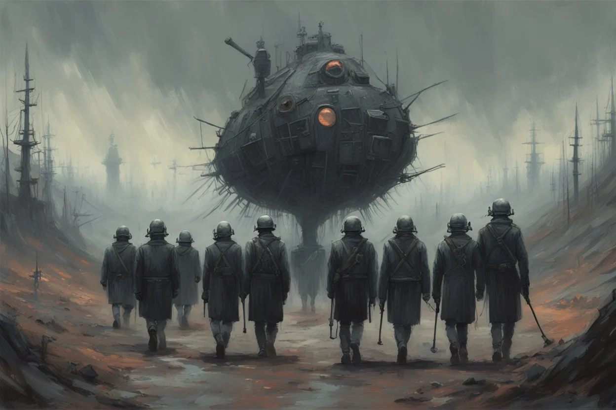 marching machine soldiers, creepy landscape, techno gothic visual composition, science fiction painting, Denis Sarazhin, Quint Buchholz, Simon Stålenhag, Neil Blomkamp, Christopher Shy, Alejandro Burdisio, RAW, gritty high contrast, atmospheric horror, unsettling art, dark palette, harsh colour