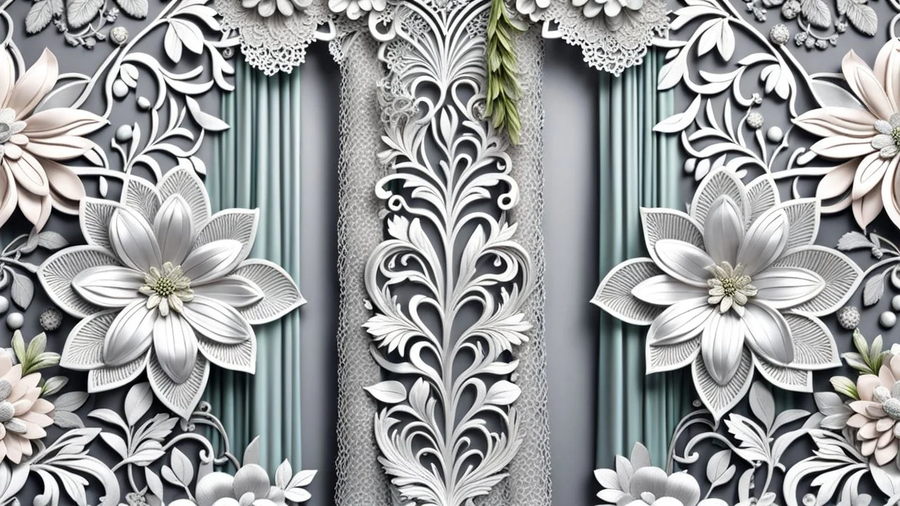 enterior of curtain fashion, combination nice lacy flowers and plants patterns , 3d silver threads ornaments, pastel colors, beauty lacy decoration, high texture, unique elegant, high detailed, sharp focus, photorealistic