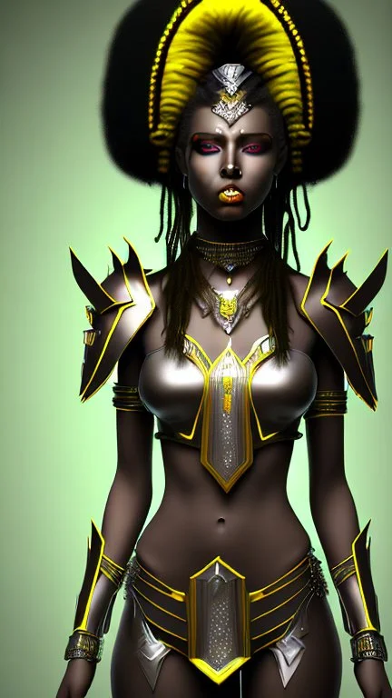 A woman has dark skin, yellow eyes and black dreads. Her face show her superiority in the eyes of others. She is dressed in a steel armor with a few pieces of yellow and green fabric sticking out.