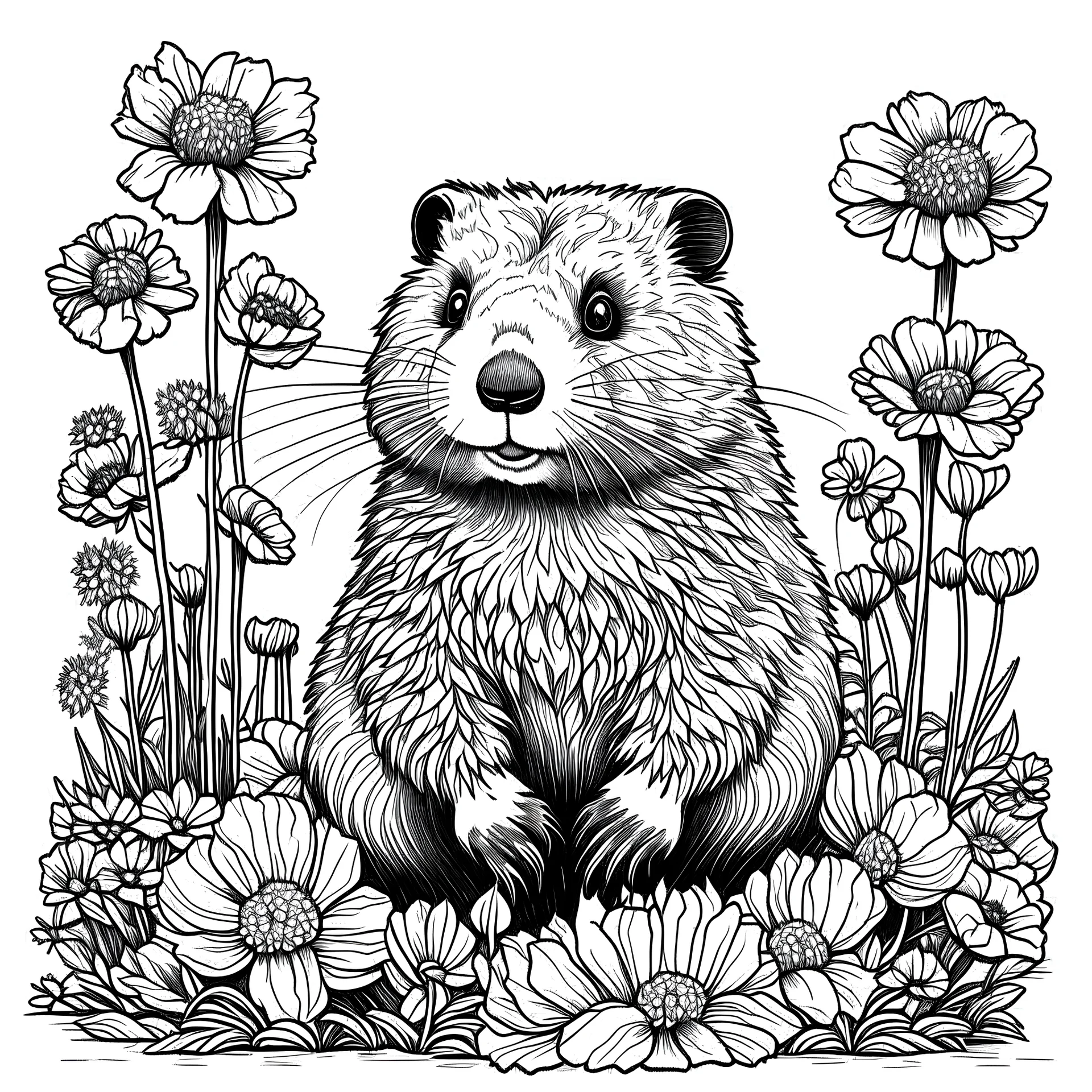 colorless marmot between seeds and big flowers black background .black and white colors. for a coloring. with grayscale