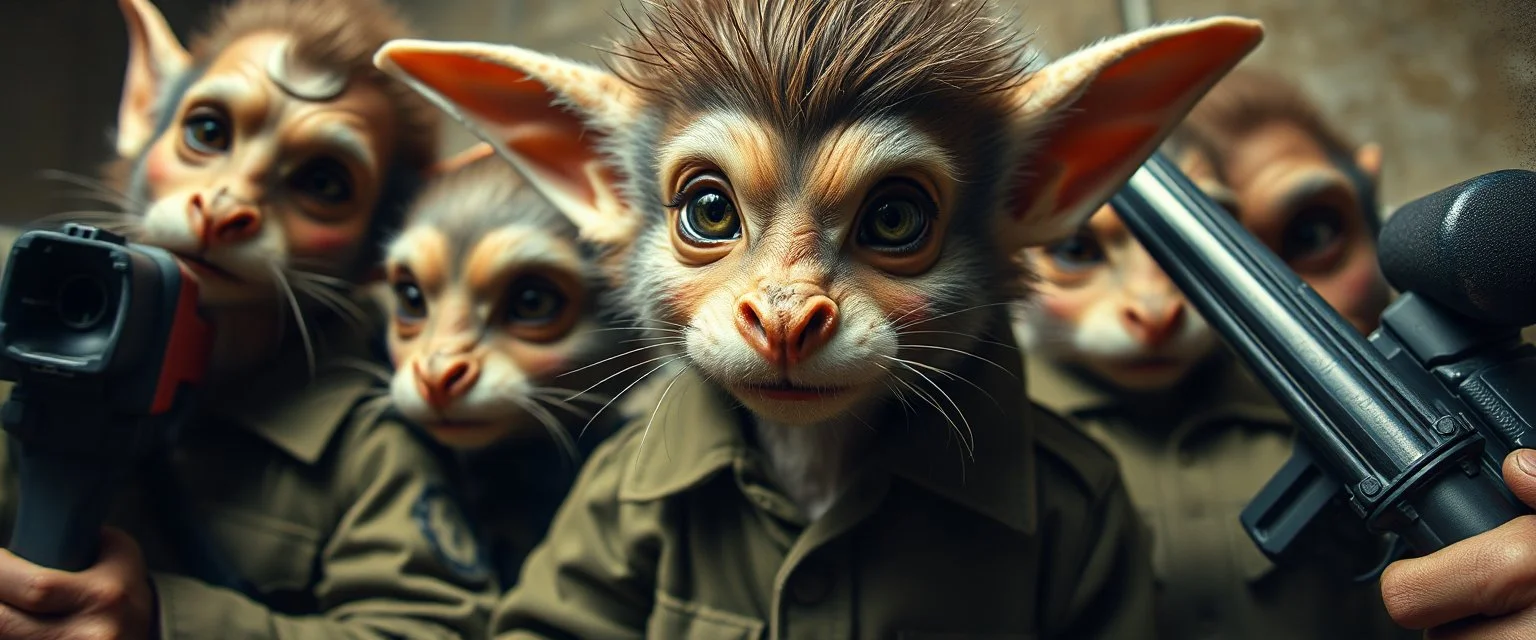 airbrush and pen outline, french art , extreme close up on cheeky fluffy weasel hairy goblin military prison guard troupe news anchor elf family scumbag , pinhole cam, airbrush 3d rendering, in the style of Titian and Rembrandt