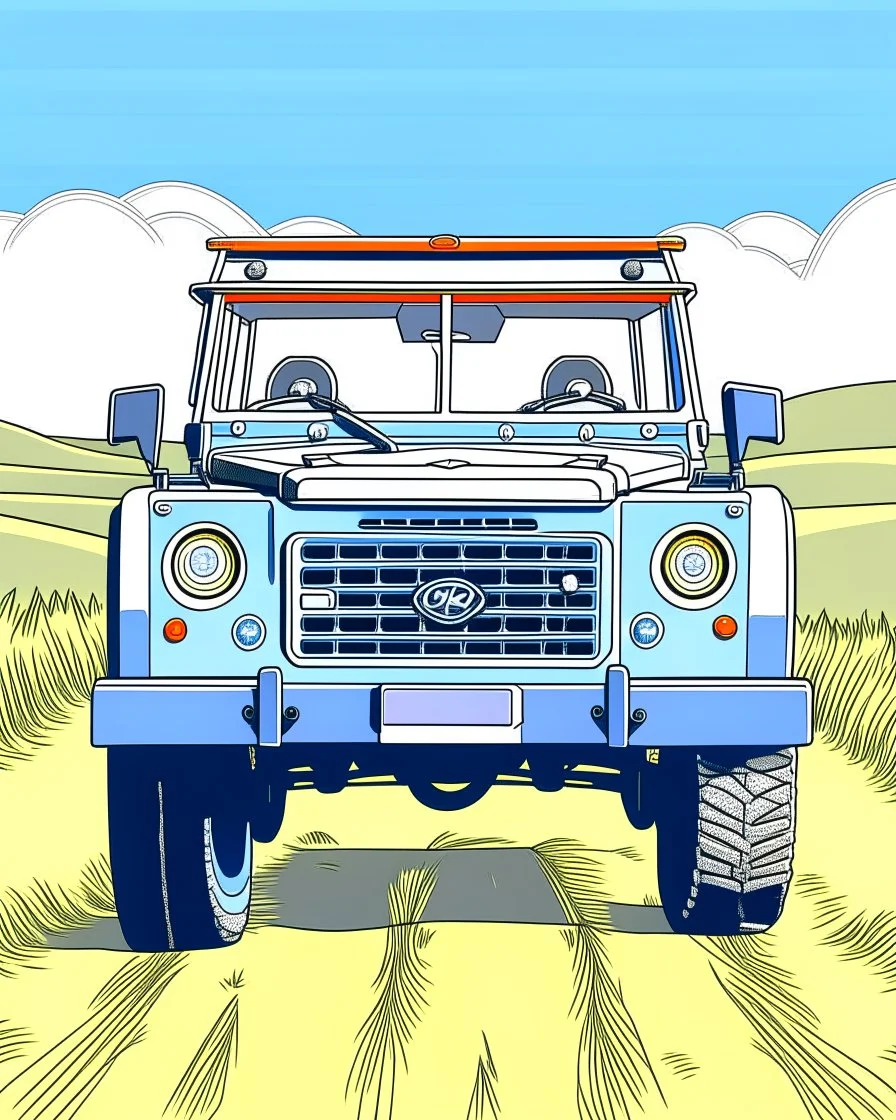 front Outline art, no shading, full land Rover defender on the road, cartoon style, thick lines, low details, --ar 9:11