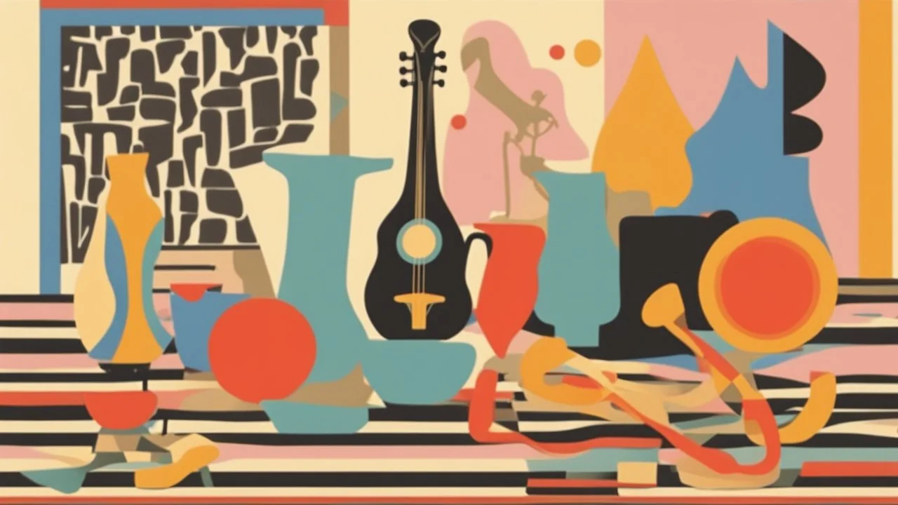 Still life composition with abstract shapes and vibrant colors, featuring objects such as a chair, a jug, and possibly a musical instrument on a patterned background