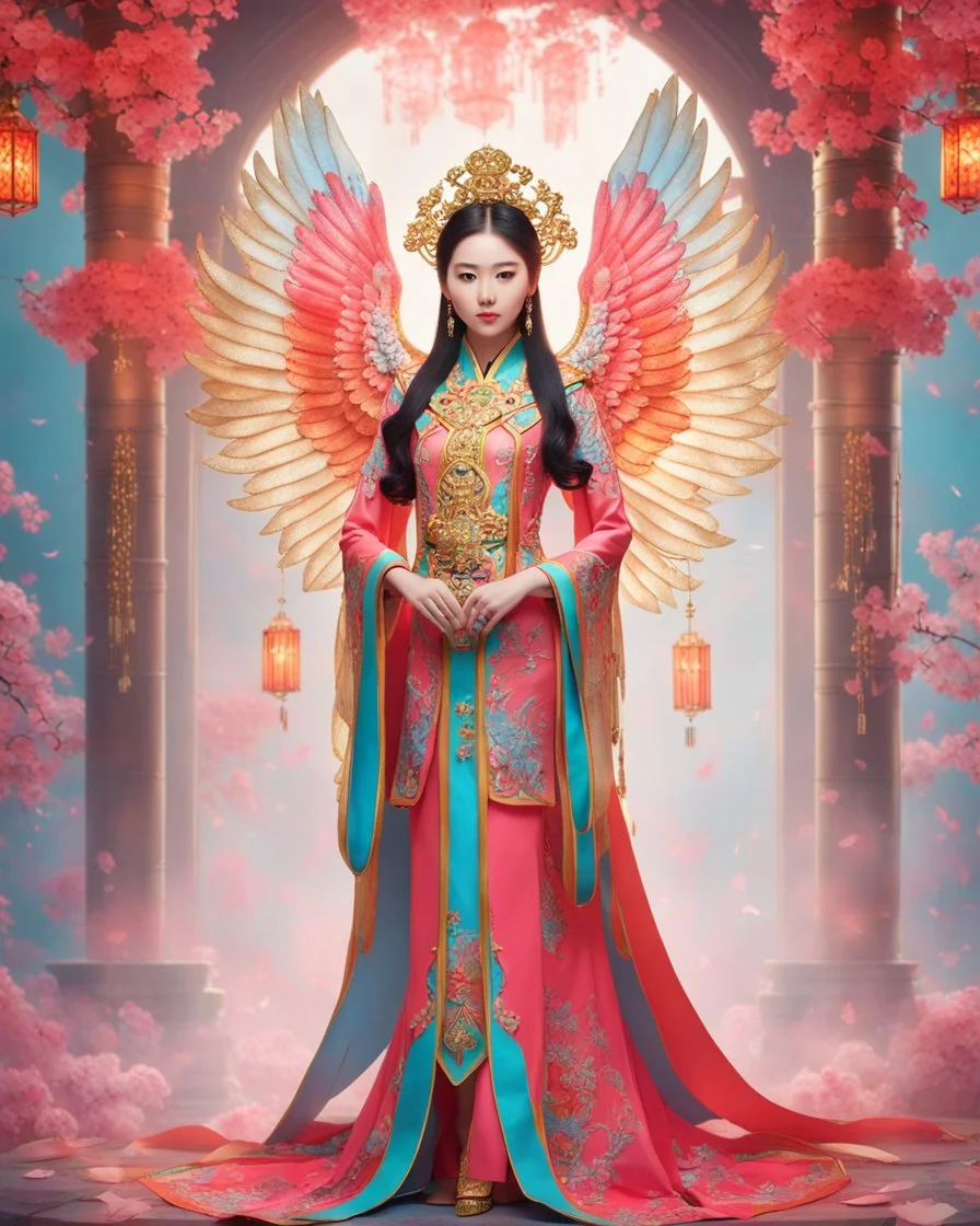 Gorgeous photography full body Beautiful super model Chinese dressing Lady Angel colorful art conceptual, amazing artwork, hyper detailed, ultra maximalist quality, 12k , close-up portrait,crystal ornaments vbackground