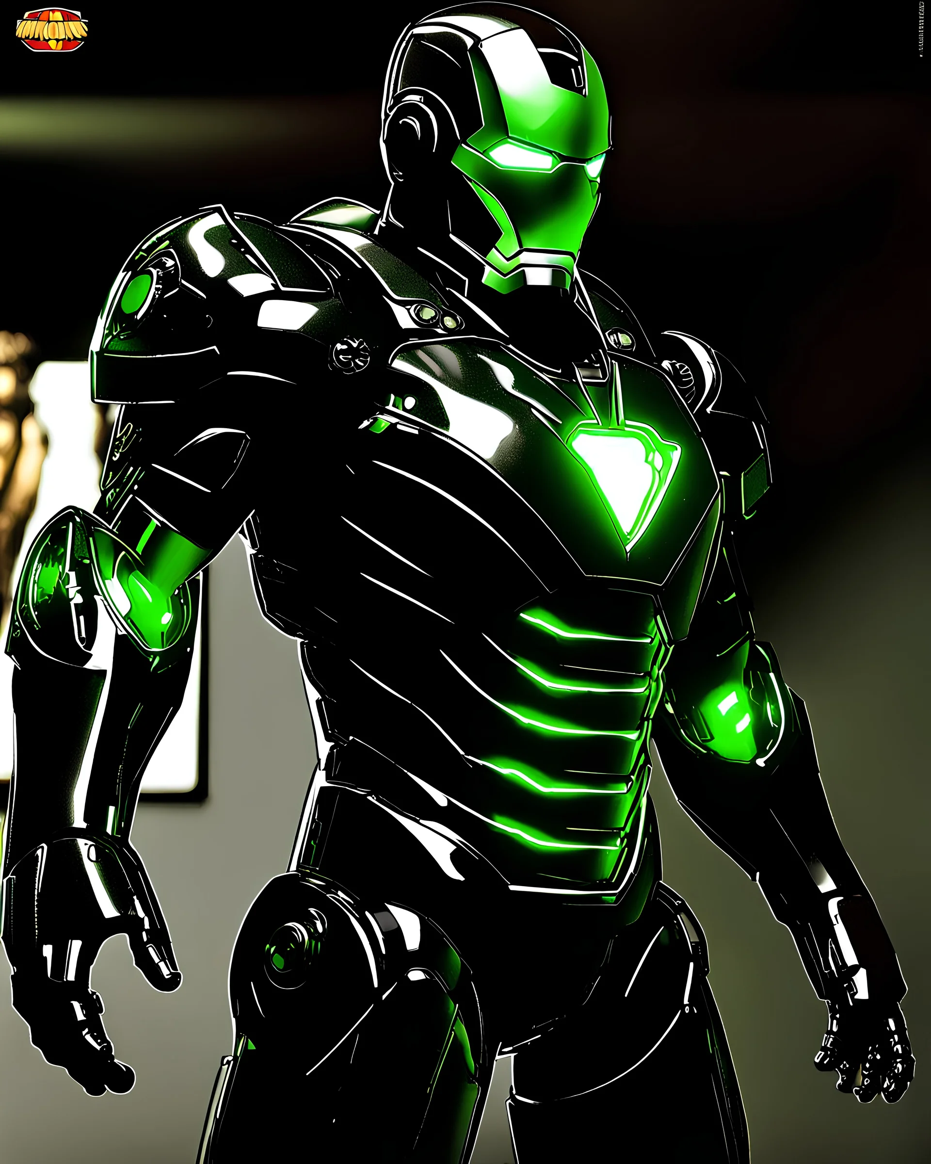 Super IRONMAN armor, kryptonite powered, black armor, black chrome, green lights, built by wayne enterprises, designed by stark industrieshttps://stablecog.com/generate?o=37b70ee1-cbf6-4de2-8ffe-0e02f33ce34f photorealistic, military display, weapons test,