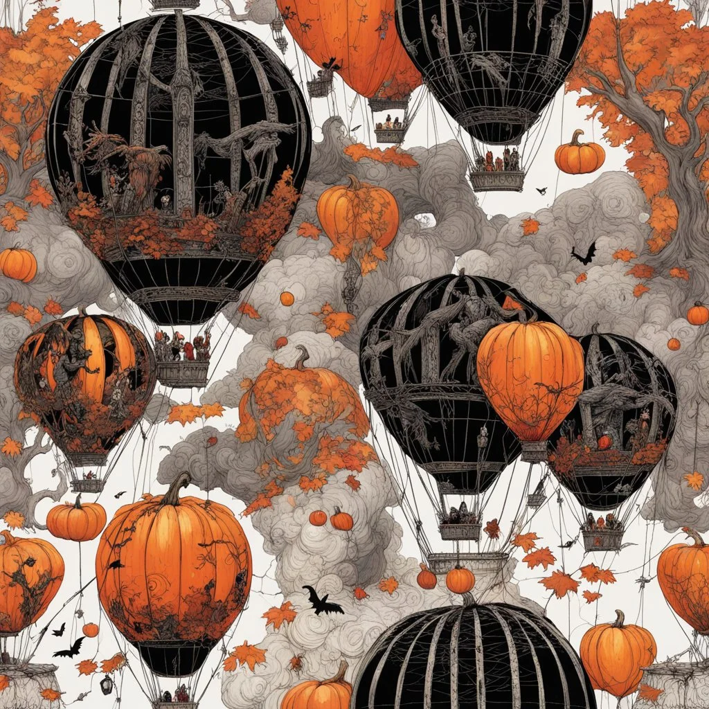 Nighttime Halloween fantasy world; surreal hot air balloon pumpkin themes, bonfire bacchanalia, by Stanley Mouse, by Gerald Scarfe, by Jeremy Mann, hypesurrreal; deep vibrant rich orange, black, and red color scheme; ultra intricate complex detail, sinister whimsey.