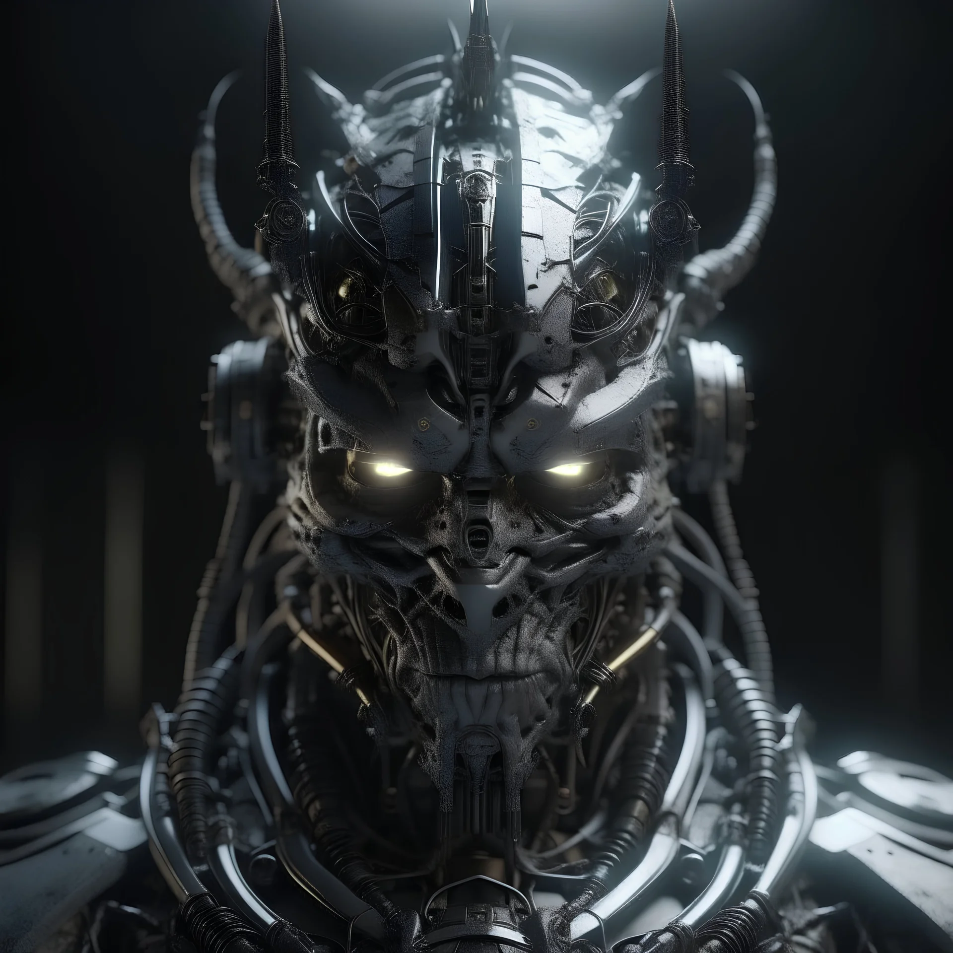 dark fantasy, angry looking, cyborg robot king. He is wearing a silver crown and a large headset, intricate details, insane details, volumetric lighting, ominous atmosphere, ominus lights, close up, spectral atmosphere, challenge viewer