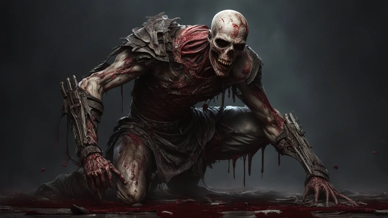 a rotting zombie. carnage. black mist in the eyes. armor melted into the skin. blood. broken bones. bleeding eyes. broken fangs. broken jaws. broken armor. gloves.intense horror. blind terror. scared to death. no weapons. no helmet. a masterpiece, fantasy concept art, dynamic lighting, hyperdetailed, intricately detailed, deep color, Unreal Engine, volumetric lighting, Epic cinematic brilliant stunning intricate meticulously detailed dramatic atmospheric maximalist digital matte painti