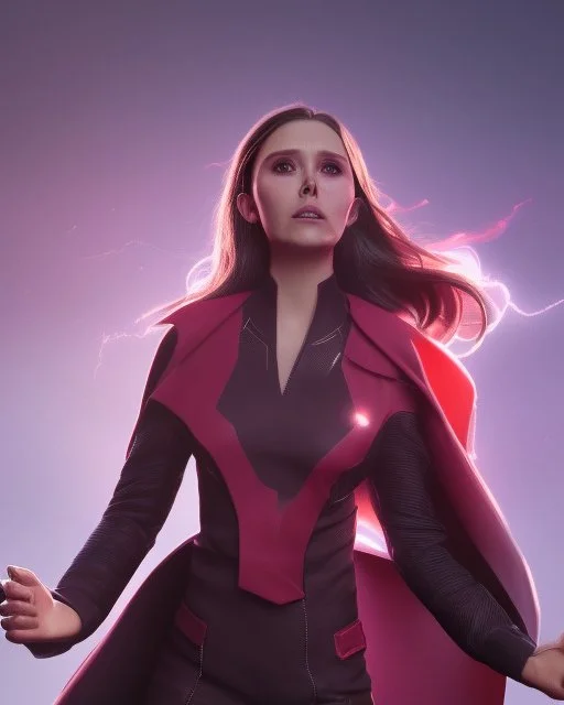 Wanda Maximoff, Elizabeth Olsen, voando e atacando algo, magia vermelha, rajada de energia, cores frias e escuras, dramático