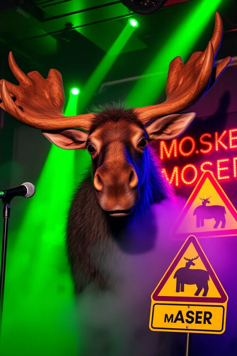 An big female moose with big eyes "Veronika Moser" performing at dance club, her name is "Moser" HAIRY FRUITS EVERYWERE On stage, Green Neon lights and smog, and "VERONIKA MOSER" big sign on the wall, "DU UND ICH UND MOSER" red plate sign, Yellow warning sign with moose