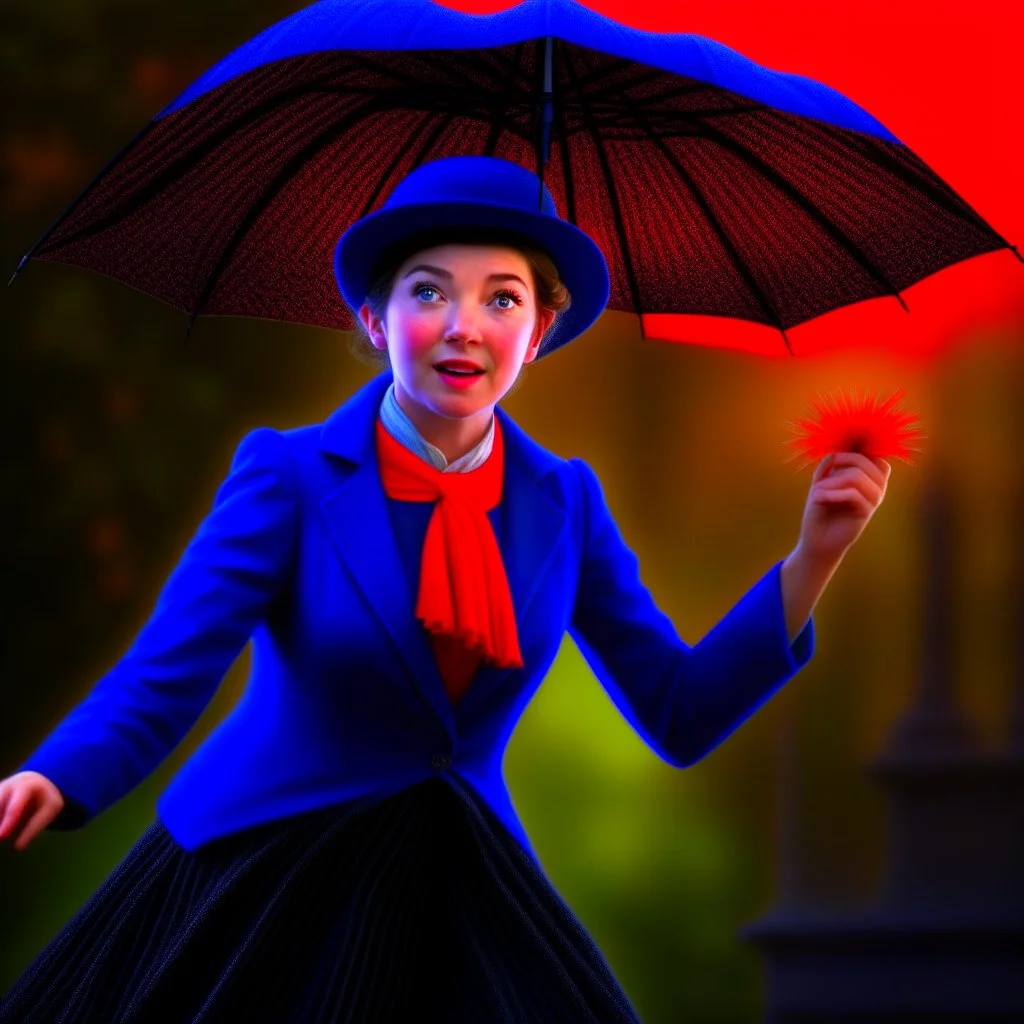 mary poppins with a spider umbrella on a mission through the seasons, hills and trees, motion blur, 8k, downlight, soft light, depth of field, photorealism, trending on art station, lotsa detail