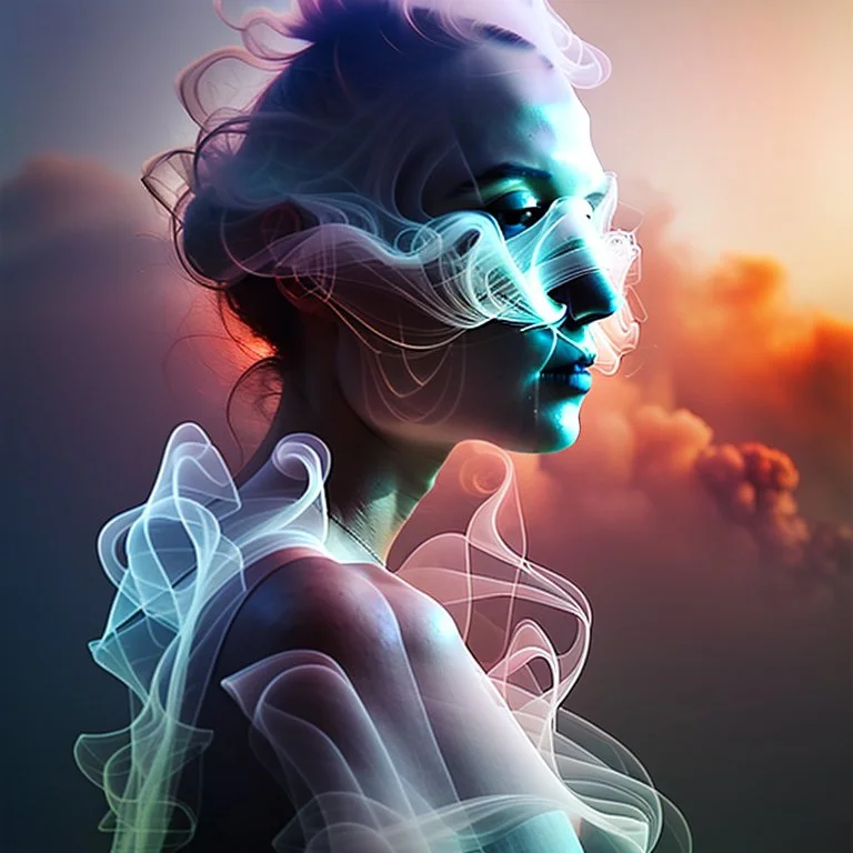 smoke plume, smog, city scape with pollution, woman, double exposure photography, colourful nature, clean sharp focus, on white background, Fractal Geometry buildings, sacred geometry