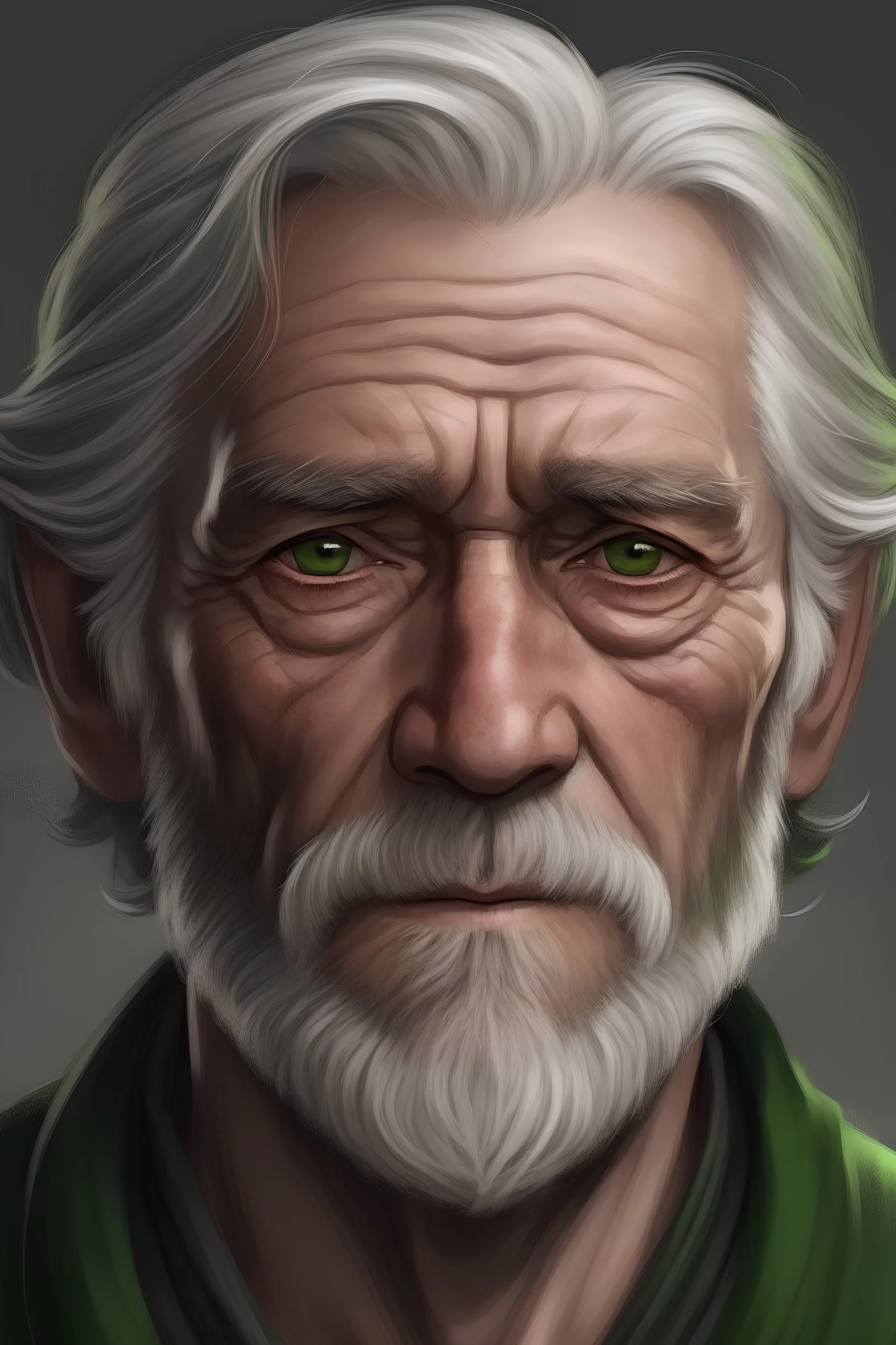 old man with green eyes and darl gray hair