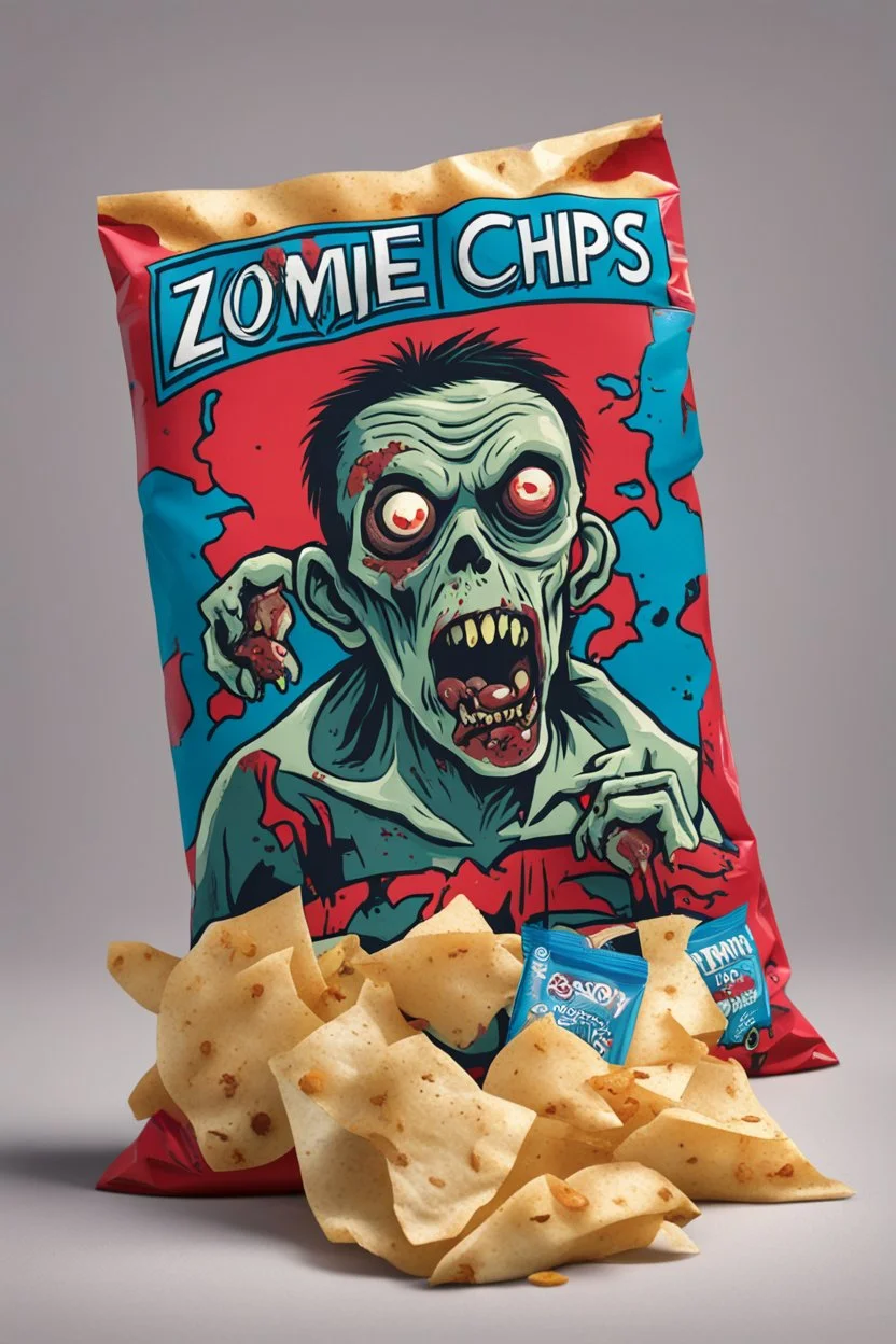 a chip bag with a zombie on it eating zombies chips