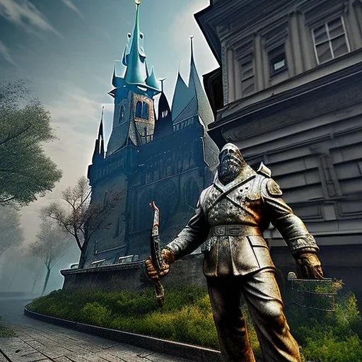 Prague city, square, Highly detailed,realistic, postapocalyptic,overgrown statues,