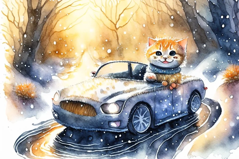 Cute little happy cat scarecrow riding a luxury car, forest path background, winter, snowflakes swirling, waterfall, reflection, mist, sunrise, smooth intricate photorealistic hyperrealistic high definition beautiful lighting pencil sketch watercolor dramatic lighting storybook illustration polished Deep shadows deep color warm light shiny glitters