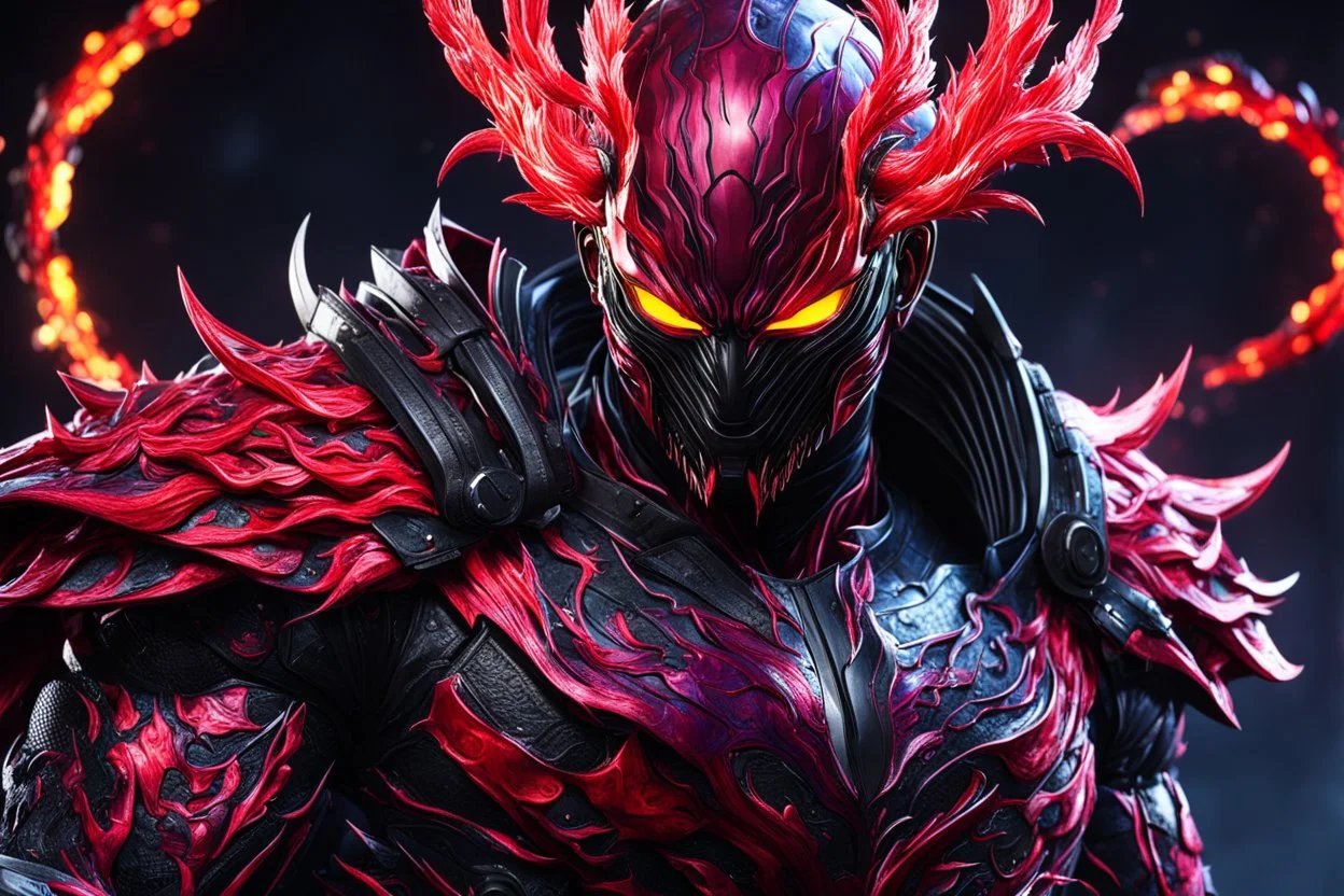 Carnage oni in 8k one punch man artstyle, ronin costum, galaxy mask, cover face, dynamic pose, oshare kei, hurufiyya, rtx , neon lights, intricate details, highly detailed, high details, detailed portrait, masterpiece,ultra detailed, ultra quality