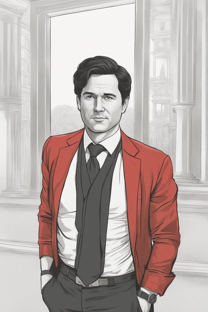 Powerful classical portrait of a modern dark haired politician in his 30s wearing a red shirt standing in a powerful position
