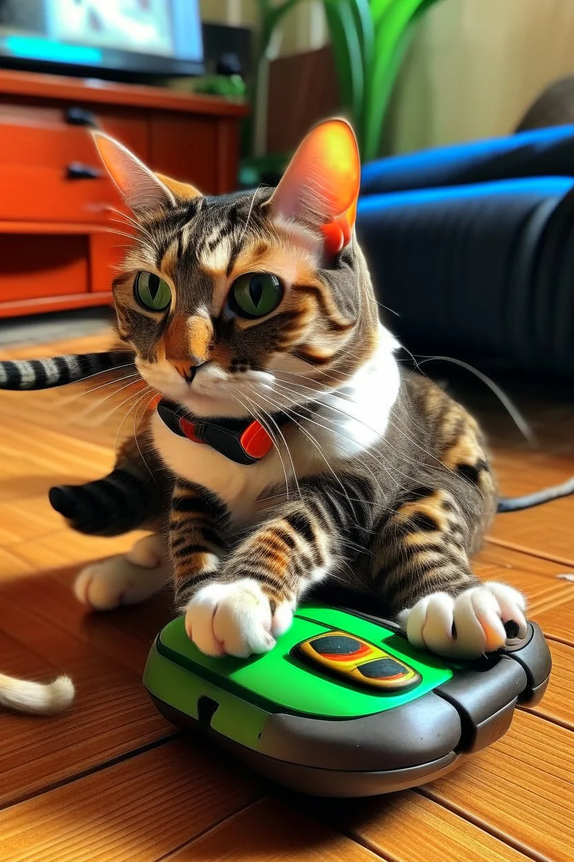 A cat riding a turtle while playing a nintendo switch.