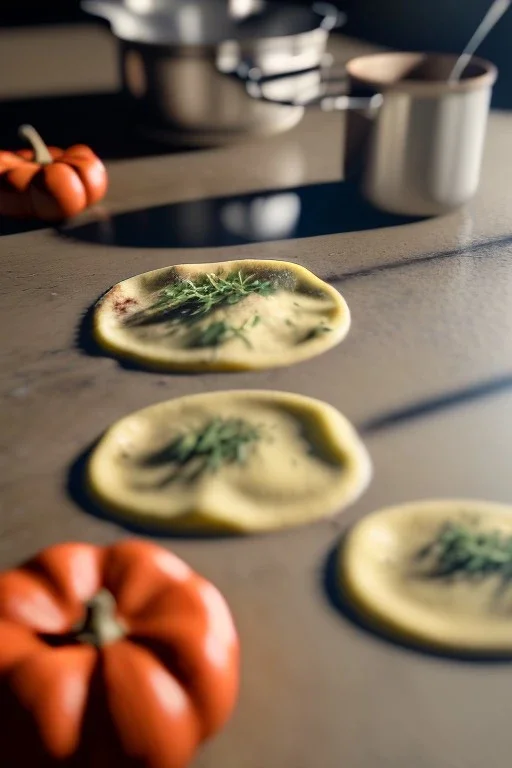 Cooking photo, Raviolis, truffle, pumpkin, olive oil, moisture, art, natural, ornaments, ceramic, marble, high kitchen, smooth, god rays, unreal engine 5, ray tracing, RTX, lumen lighting, ultra detail, volumetric lighting, 3d.