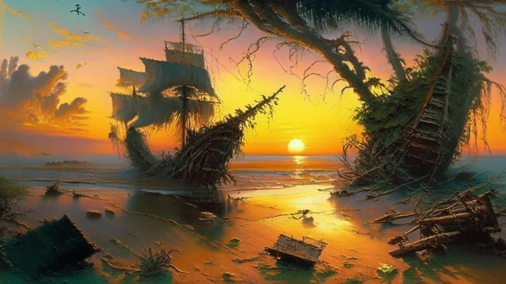 In the style of bob ross, thomas kadinskade and albert bierstadt a painting of a beach with an old ship wreck. Plants growing all over it. Intricate details, dramatic sunset, beautiful