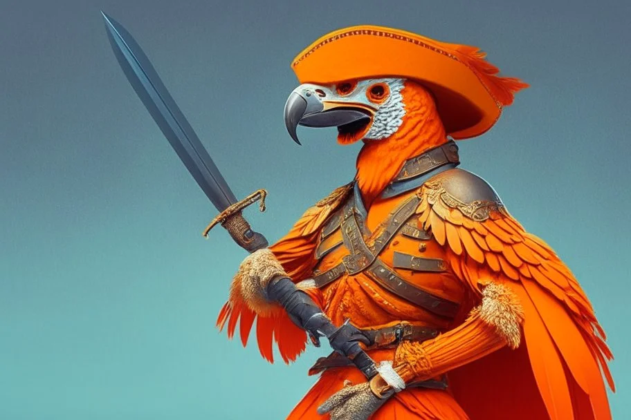 half parrot half human in a orange Dutch uniform with a katana having a sword fight against a skeleton