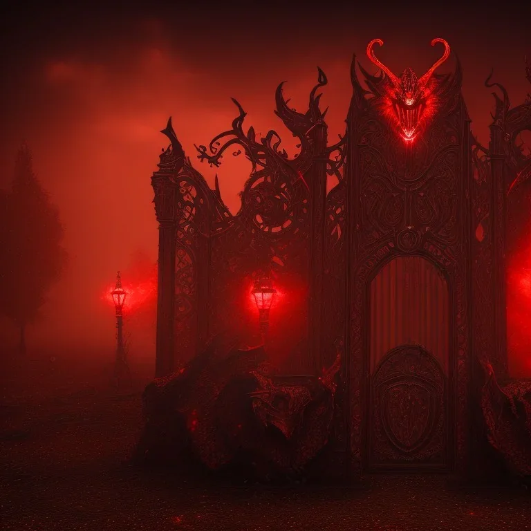 daemons waiting in front of fence, epic, dark, best quality, high resolution, nebel, hölle, shining red, dust, rain, dirt