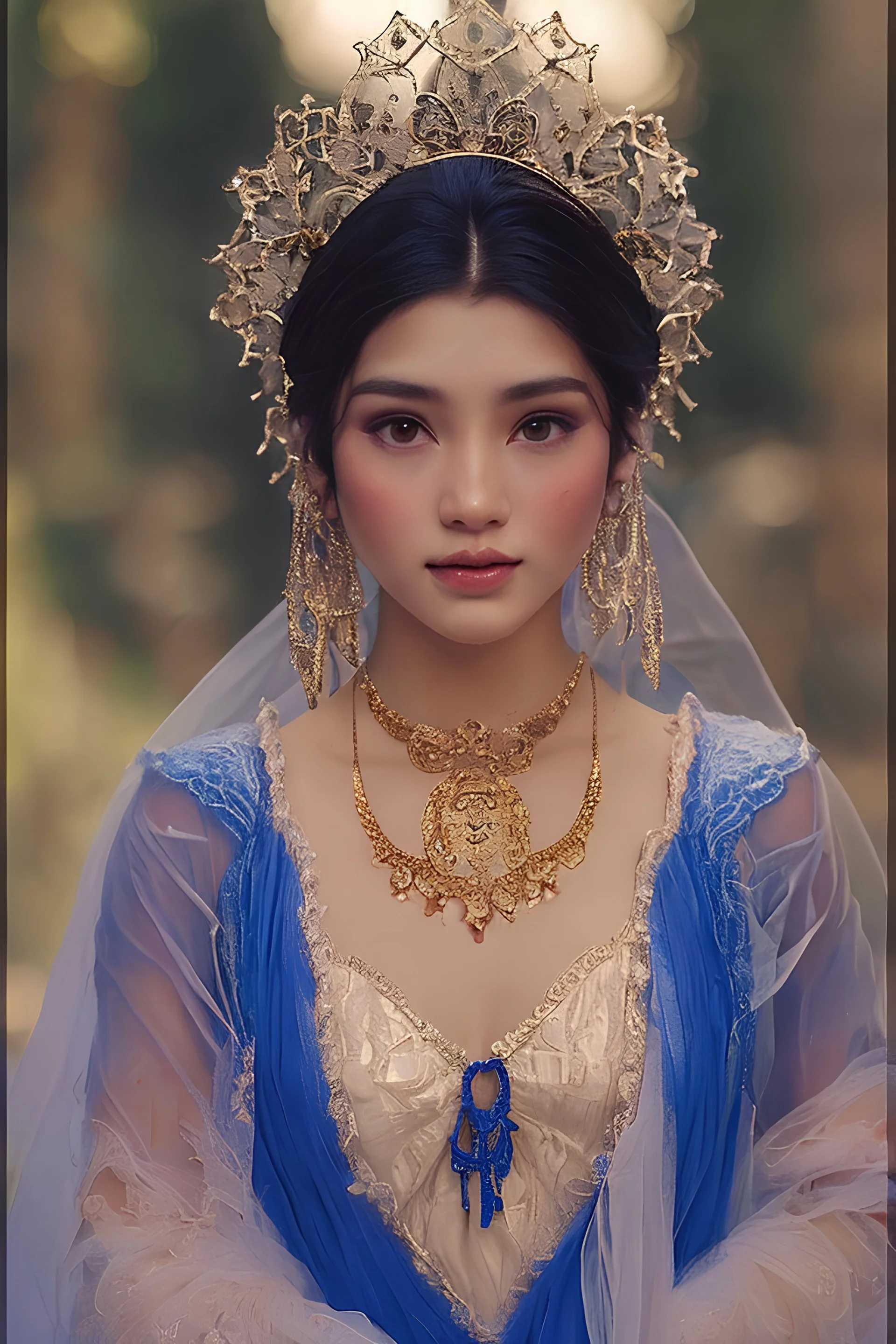 in the style of ALPHONSE MARIA MUCHA, beautiful thailand girl real life photo-shot, filigree detailed lady thailand costume, royal blue color for costume, headshot, close up, cinematic lighting, Environment Mountain,