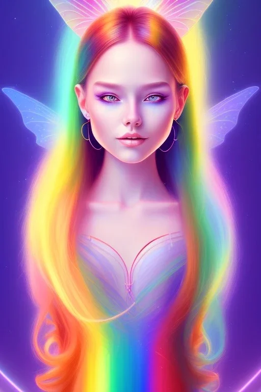 smiling girl, cute, beautiful, long hair, rainbows, fairy wings, light colors, bright