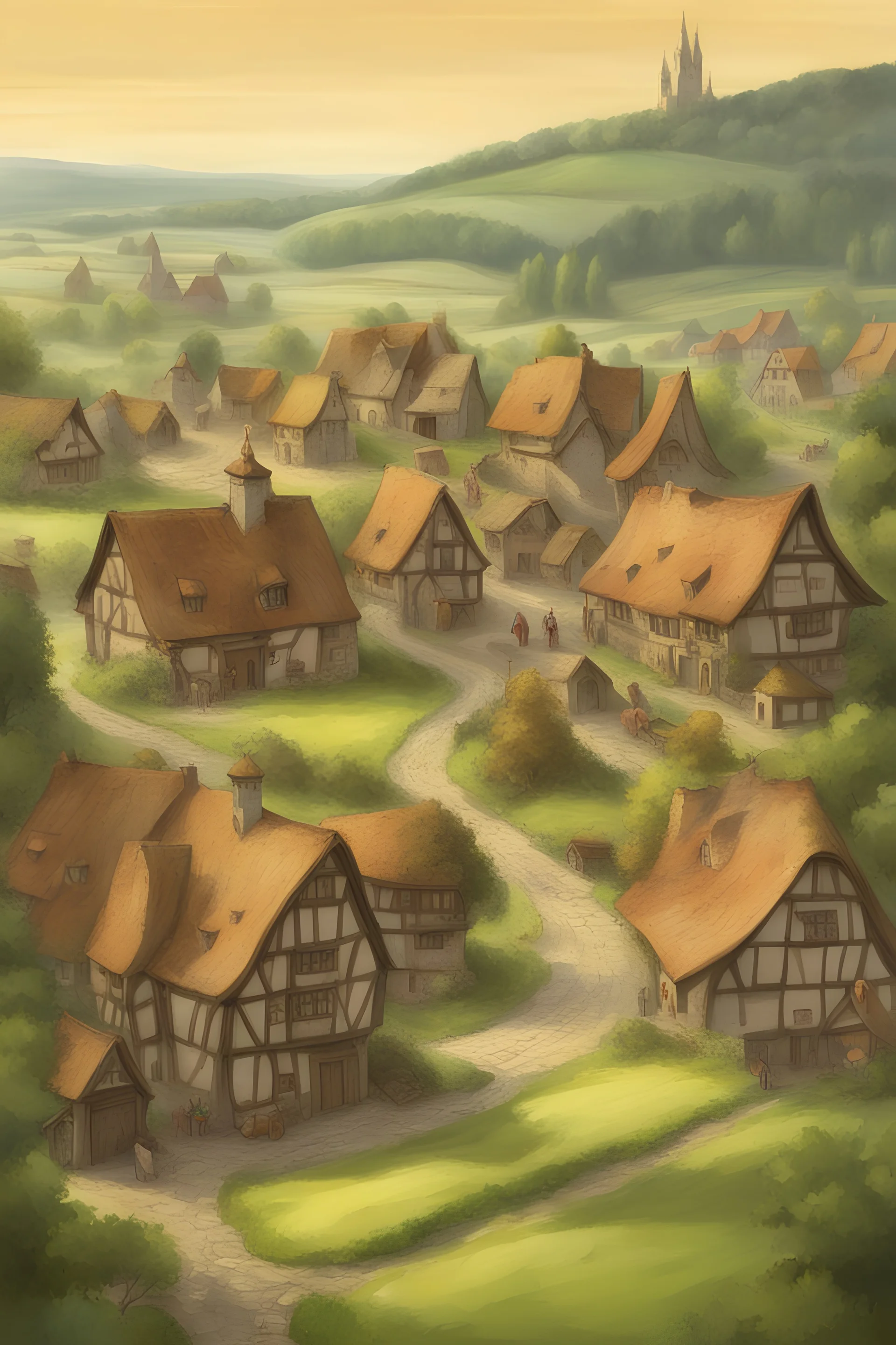 german medieval village, fantasy, with farmers' fields