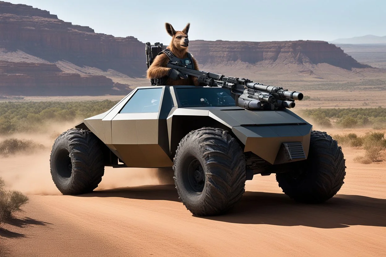 [high res photo] kangaroo man driving a the NG Bigfoot is a full-sized, low profile, robotic rifleman designed to hammer enemies with a pair of big guns and a variety of weapons. resting out on the outskirts of RIFTS Earth [as Featured in RIFTS Northern Gun 2 published by Palladiumbooks]