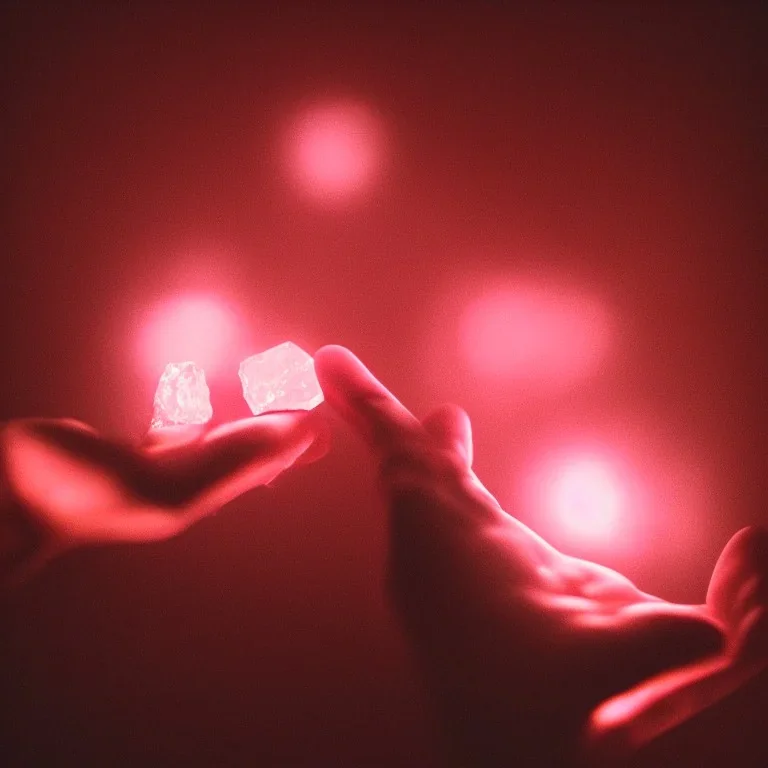 hand holding single pink crystal, dark, glowing, orange light, in a foggy cave, cinematic, abstract