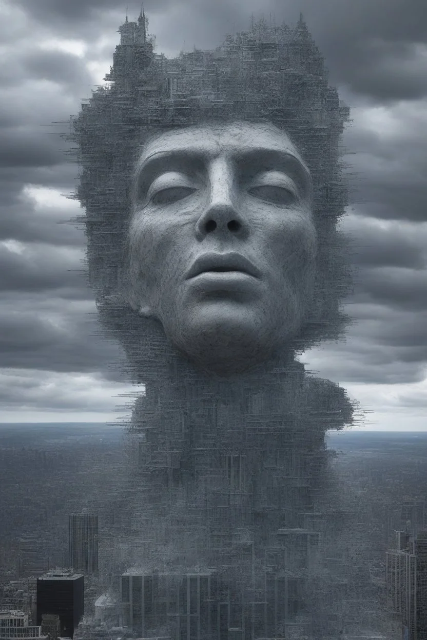 surrealis monochrome A fragmented, surreal sculpture liguid blue color of photorealistic image 3d,psychedelic art glossy emerging from devilish a crumbling empire state building. The face appear and intricate details, evoking a haunting expression. set against a backdrop of stormy, cloud-filled skies. bauhaus art The overall tone is dark blue and moody, suggesting themes of decay and transformation.