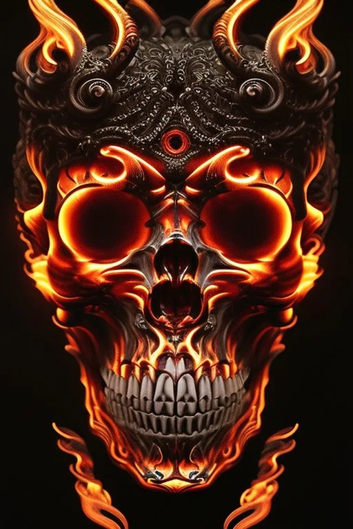 A beautiful highly detailed ornate intricate portrait of a flaming demon skull made of shiny obsidian glass :: reflective, glassy :: subtractive lighting, backlit :: by John William Waterhouse, Greg Rutkowski, HR Giger :: hyperrealistic, hyper detailed, photorealistic :: epic, incredible composition, amazing depth, meticulously composed, 16k resolution concept art :: fantasy magazine cover art