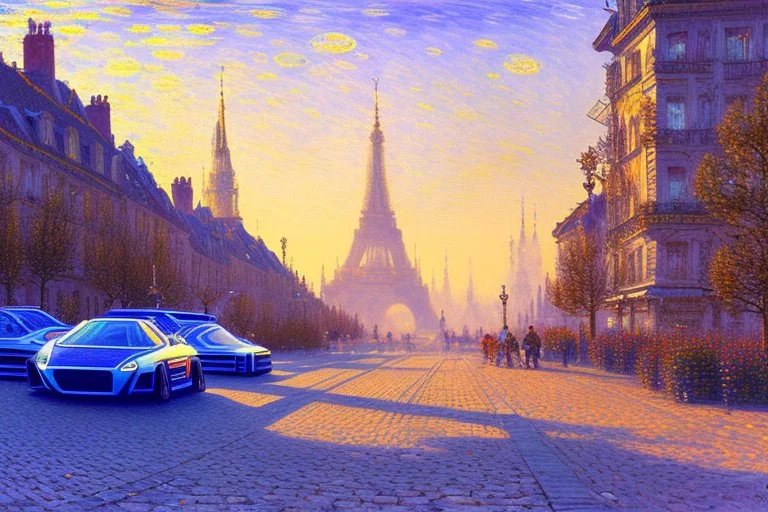 Sunny day, futuristic city, futuristic cars, alfred sisley impressionism painting