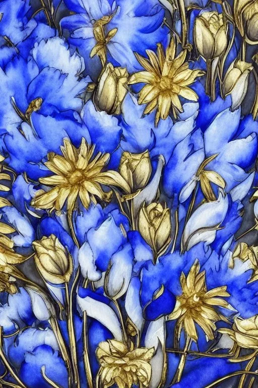 Beautiful flowers, blue watercolour and black ink, shiny gold metallic pieces outlining highly detailed digital painting elegant intricate very attractive award winning fantastic view crisp quality