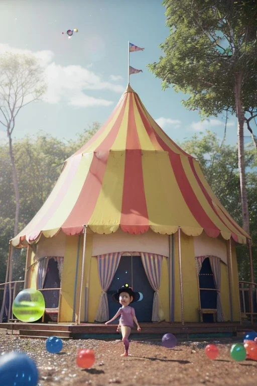 Ultra realistic circus scene. Child’s playing, smile, happy, color bubbles, smooth color, waist up view, Wes Anderson style, a lot of people background, highly detailed, concept art, unreal engine 5, god rays, ray tracing, RTX, lumen lighting, ultra detail, volumetric lighting, 3d, finely drawn, high definition, high resolution.