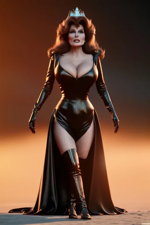 Raquel Welch as evil queen in black leather gown, angry, busty, curvey, cleavage, unreal 5, octane render, cinema4d, dynamic lighting, dramatic lighting, 4k, redshift render, highly detailed, hyper realistic