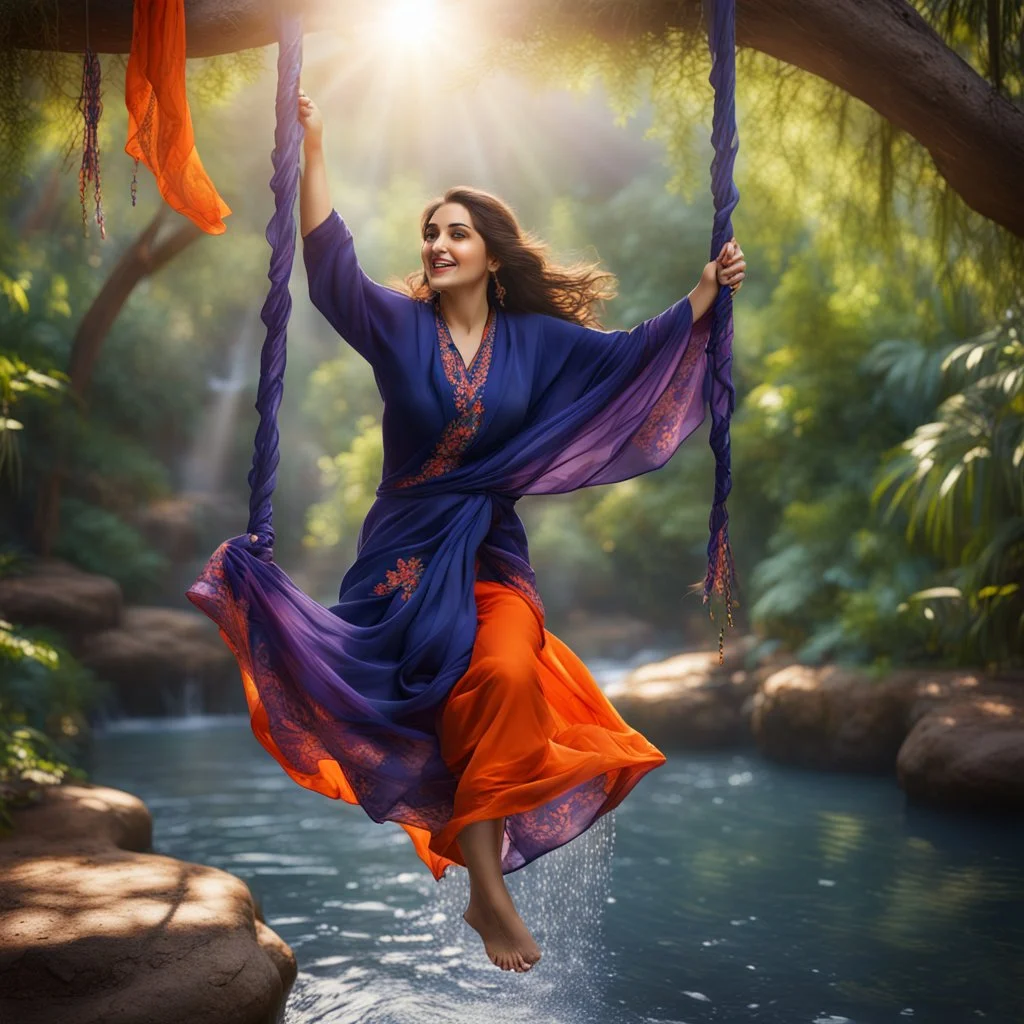 Hyper Realistic Photographic-Zoomed-View Of Young Beautiful Pashto Woman Wearing Navy-Blue-Dress-&-Purple-Shawl-With-Orange-Embroidery Happily Swinging on a Swing Above A Spring-Water inside a beautiful jungle with sun-rays showing dramatic & cinematic ambiance.