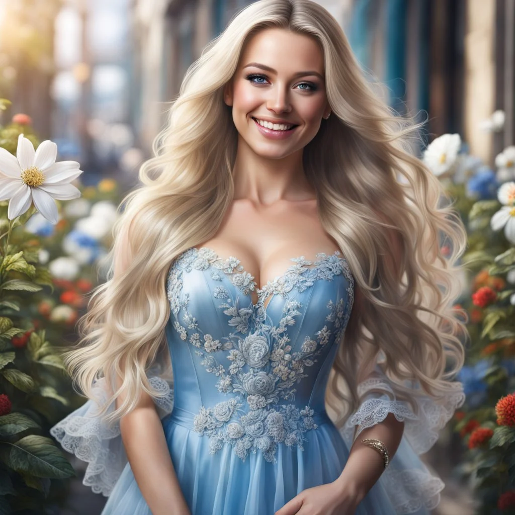 (best quality, 4k, 8k, highres, masterpiece:1.2), ultra-detailed, (realistic, photorealistic, photo-realistic:1.37),hyper realistic, full body gorgeous smiling 1woman,long hair,looking at viewer,realistic proportions,blue eyes,hair ornament,transparent top dress,very long hair,flower,blonde hair,parted lips,necklace,white dress,blonde hair,lips,joyful pastel background,freckles,realistic,head wreath, pink flower,realistic portrait, dreamy fantasy landscape countryside,great pespective,crystal