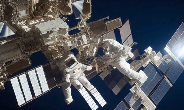 a astronaut repairing iss, a shot from very far away